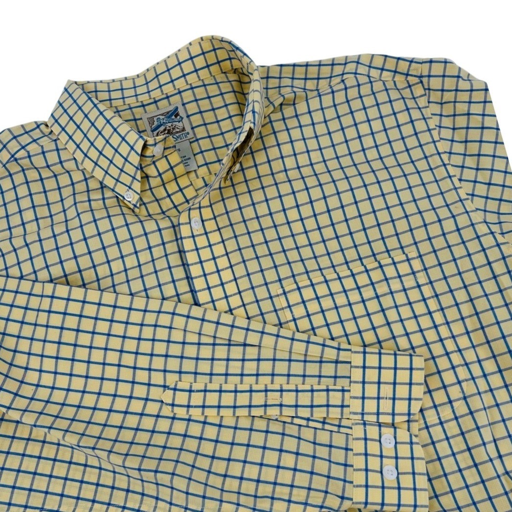 Travelsmith Mens Large Yellow Navy Blue Check Long Sleeve Button Down Shirt 8285